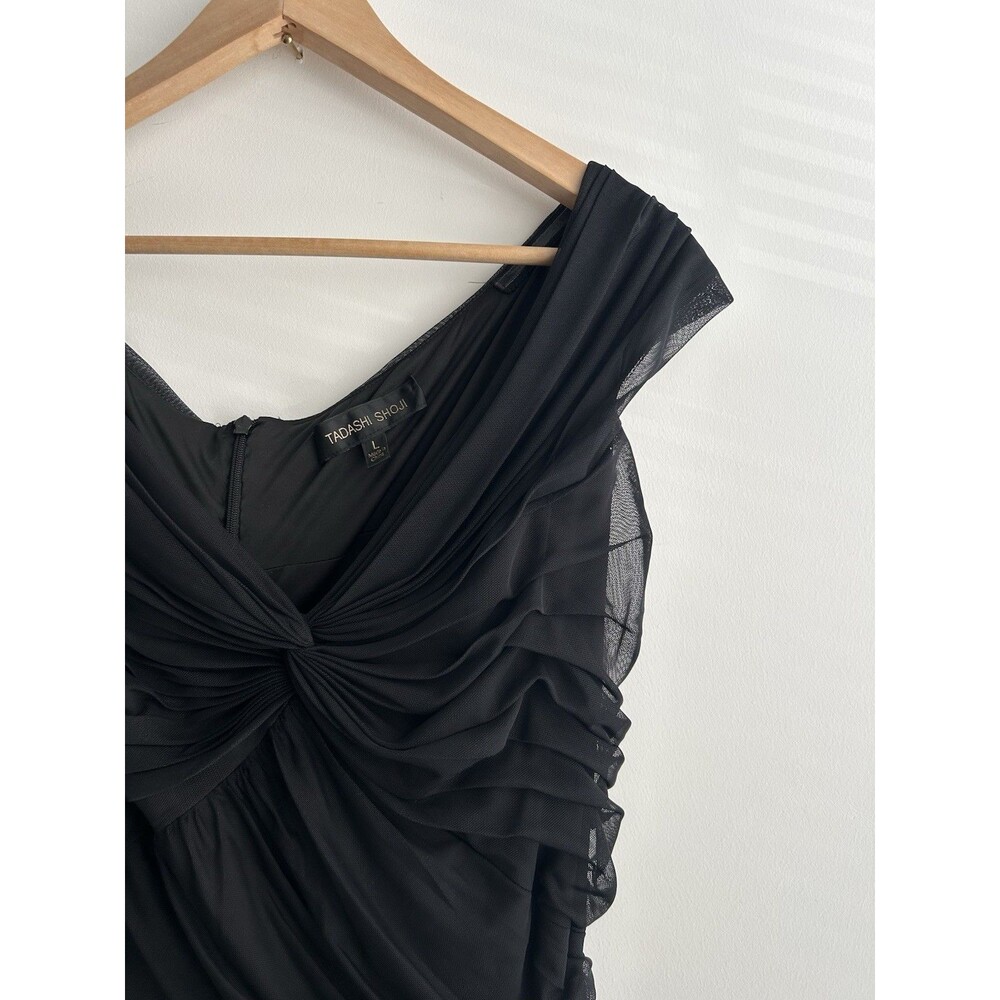 Tadashi Shoji Sz Large Black Off Shoulder Twist Mermaid Mesh Ruched Dress Gown - Picture 4 of 9